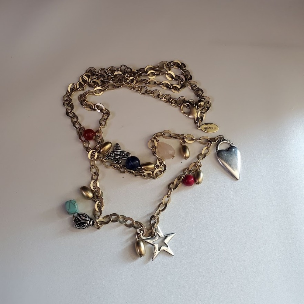 Chicos Gold Tone Multi Charm Necklace Heart Star Bee Mixed Beads Whimsigoth - Picture 2 of 6
